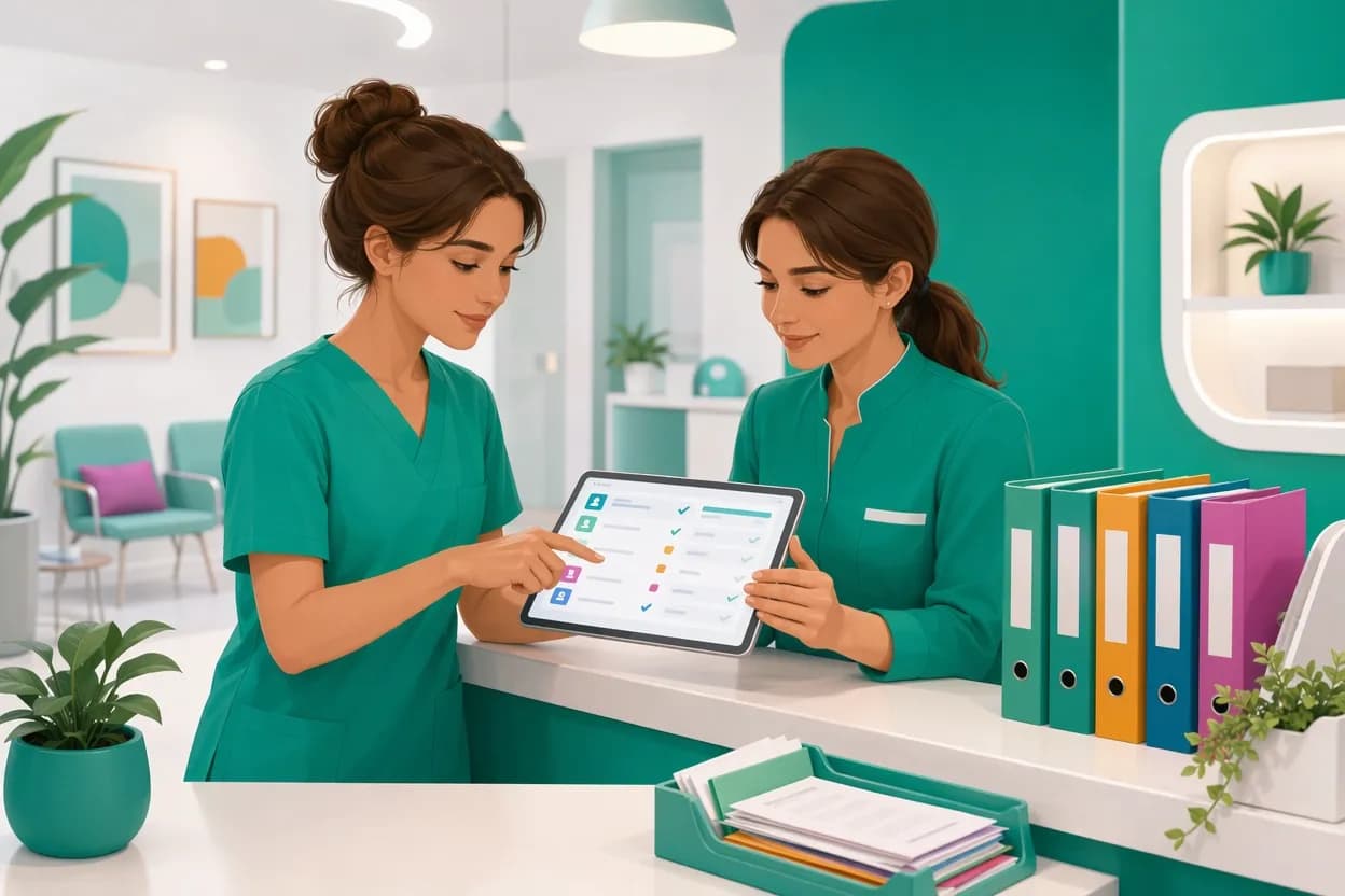 Personale di un ambulatorio accreditato che consulta procedure e registri delle attività su tablet