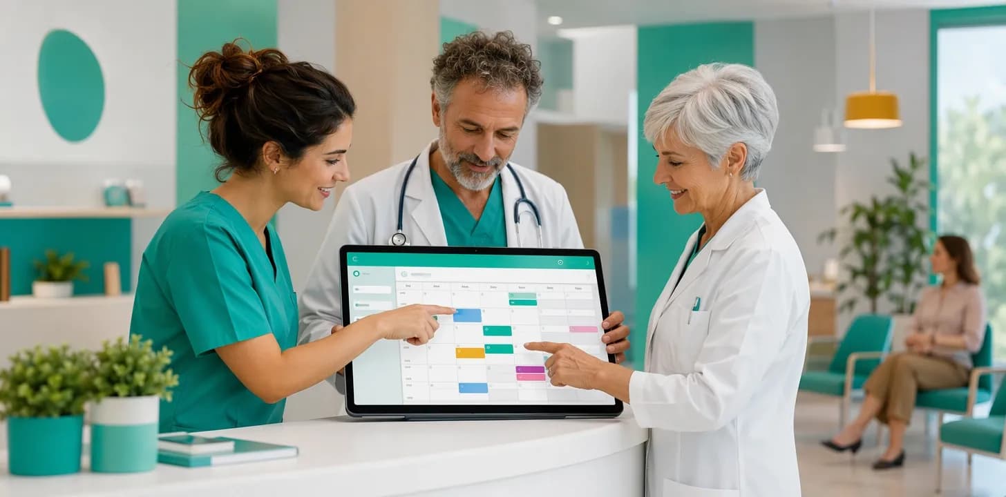 Professionisti sanitari che consultano insieme un'agenda condivisa su un tablet