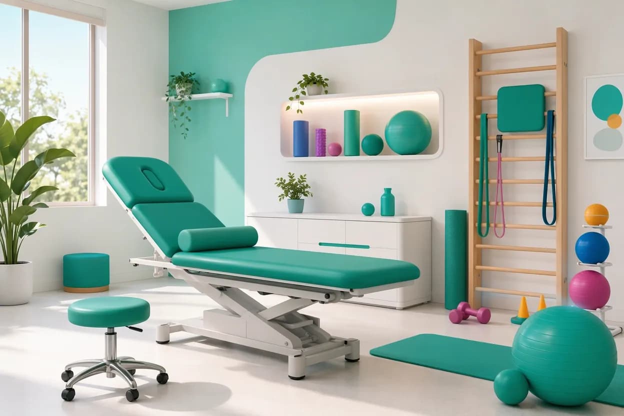 Sala di uno studio di fisioterapia a norma con lettino e attrezzature per la riabilitazione