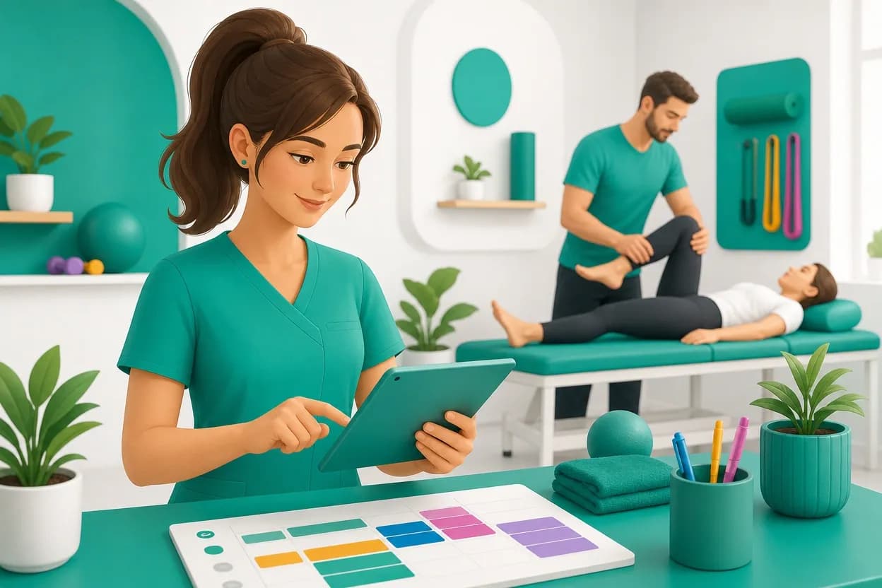 Fisioterapista che gestisce gli appuntamenti e i cicli di sedute dei pazienti dal tablet