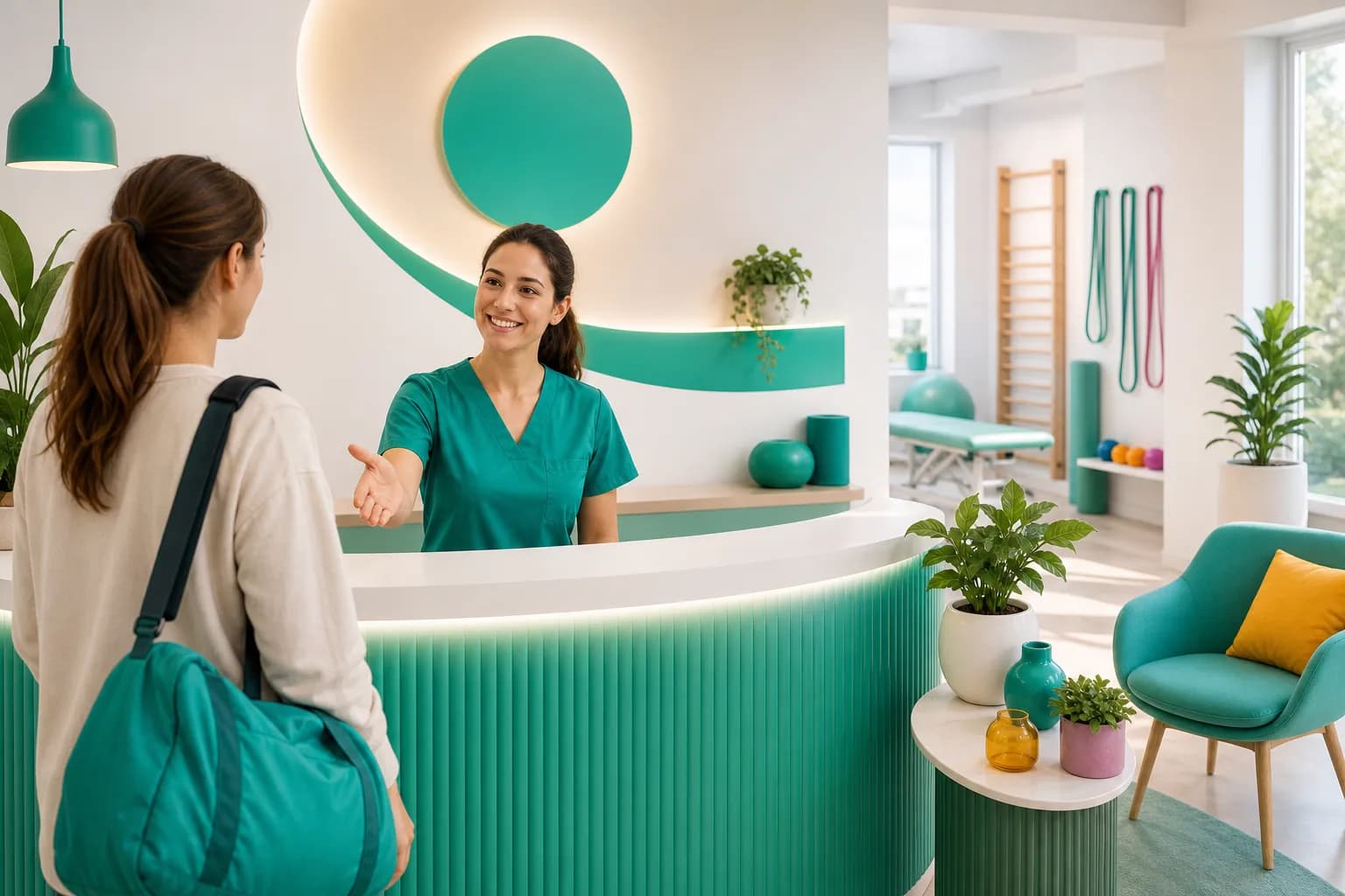 Reception accogliente di un nuovo studio di fisioterapia con un paziente al banco
