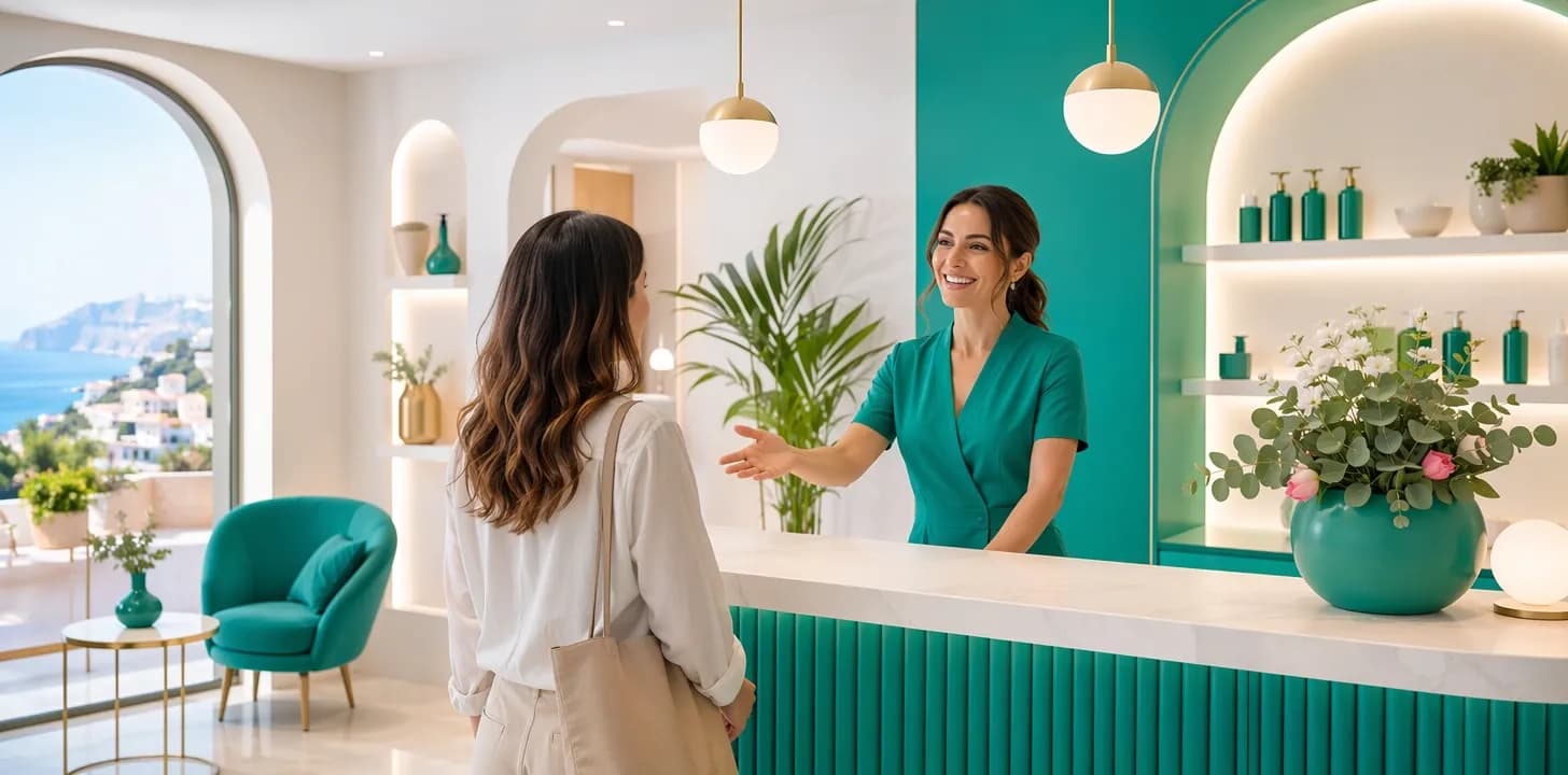 Titolare che accoglie una cliente alla reception di un nuovo centro estetico luminoso e moderno