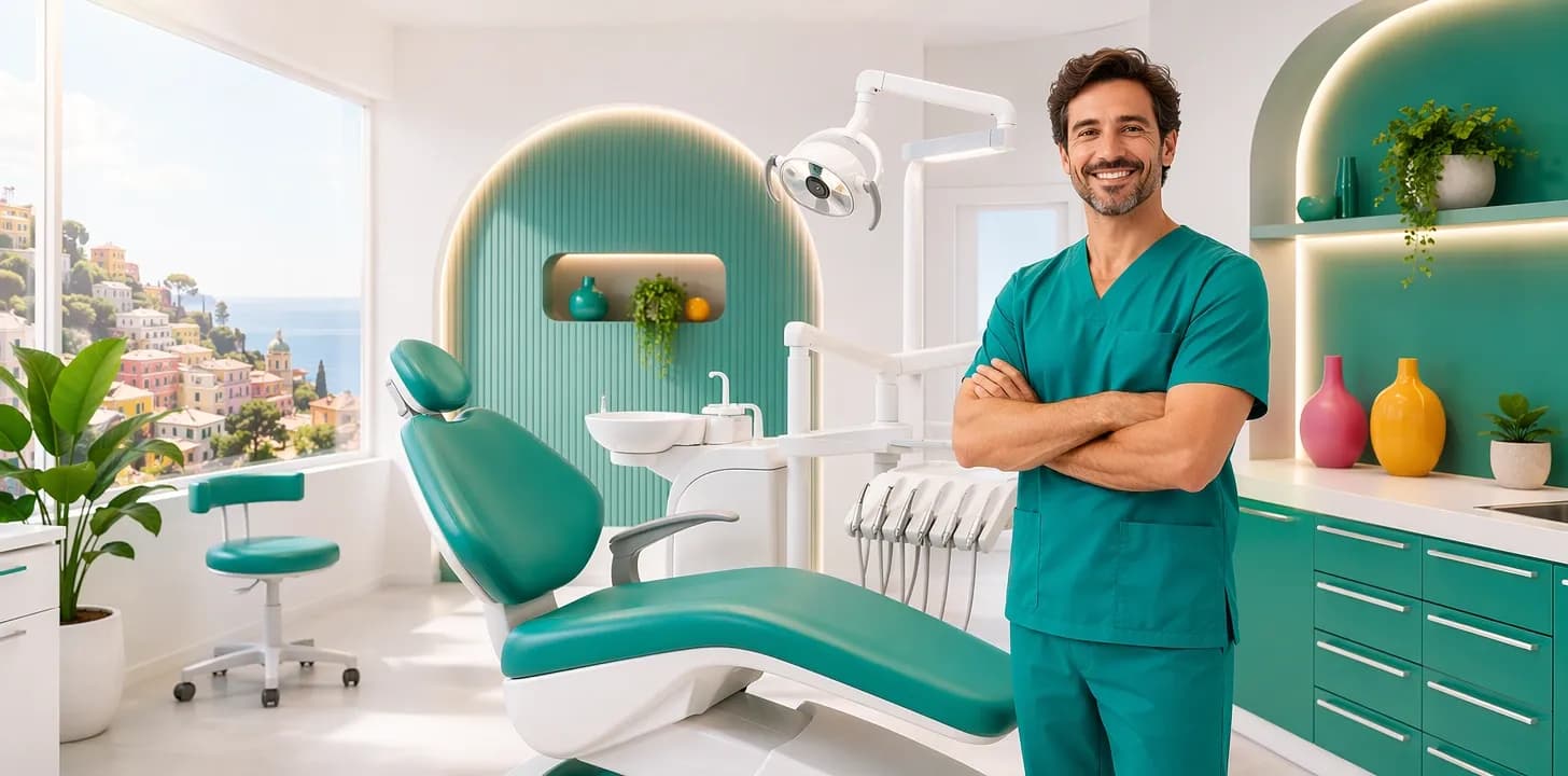 Odontoiatra in un nuovo studio dentistico moderno e luminoso accanto al riunito appena installato