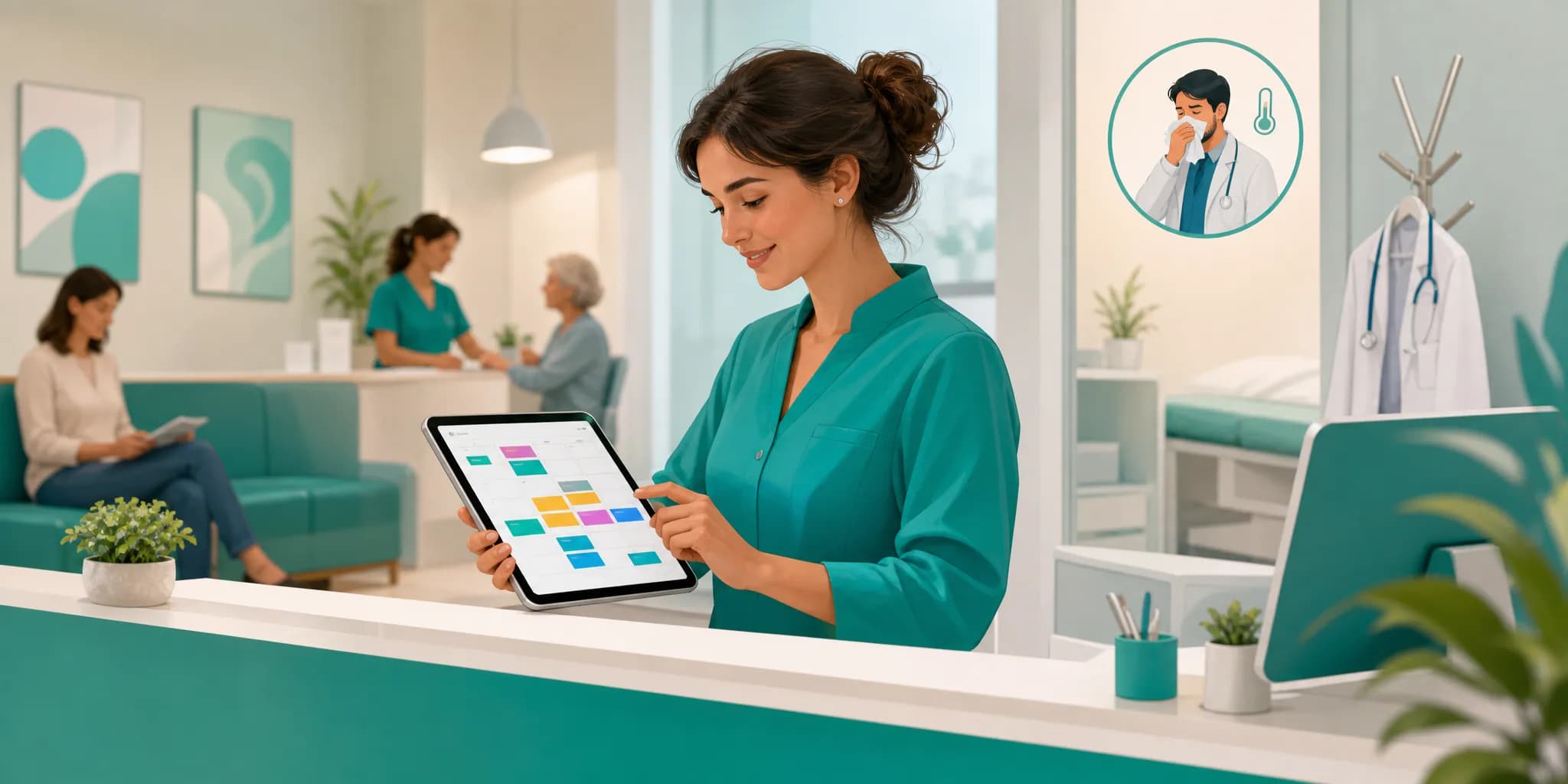 Segretaria che riorganizza l'agenda su tablet per l'assenza improvvisa di un medico