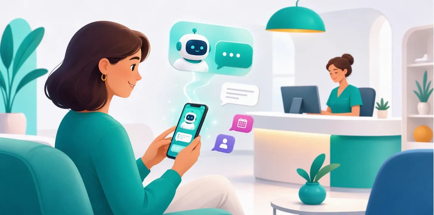 Paziente che prenota una visita tramite chatbot su WhatsApp mentre la segretaria dello studio medico lavora serena