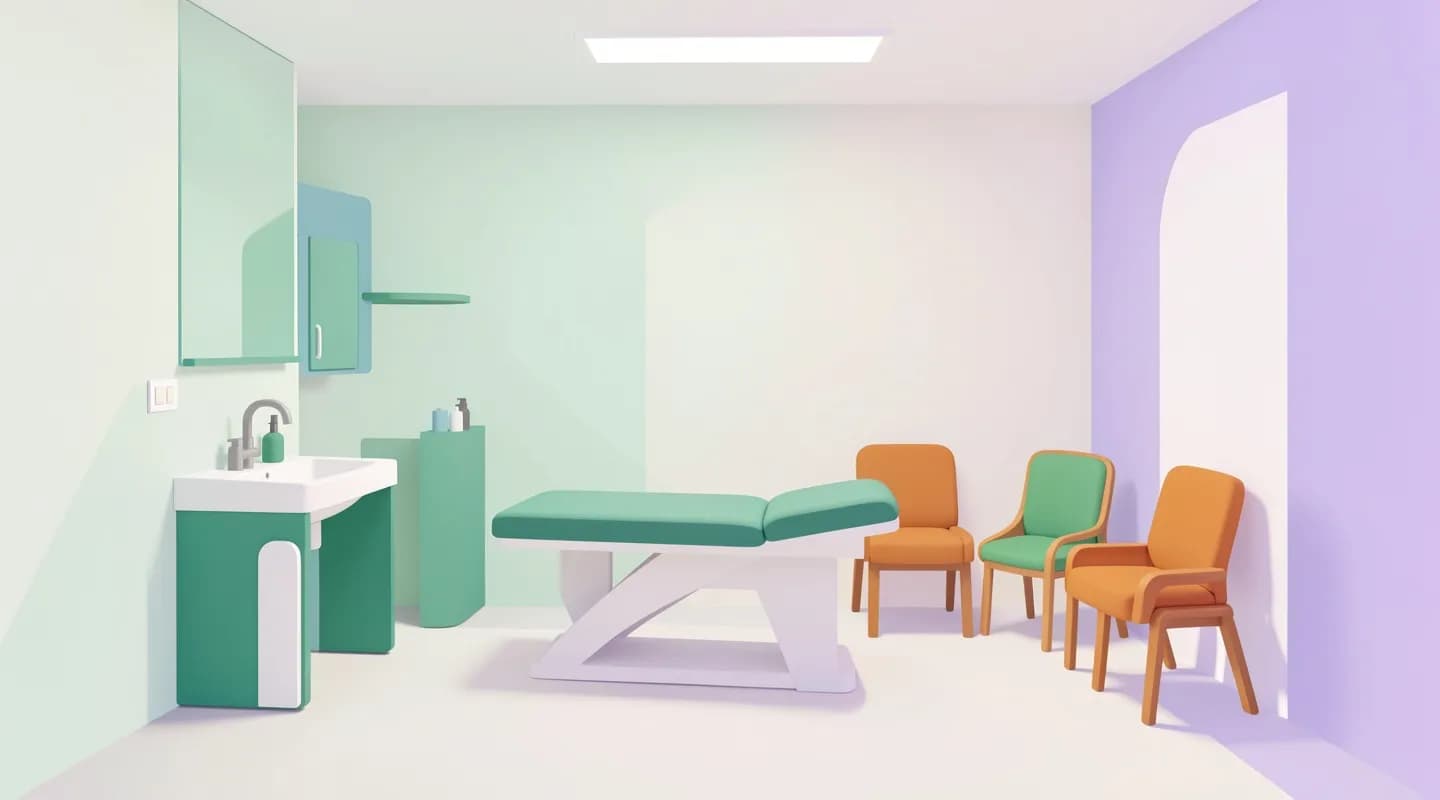 Layout di un piccolo ambulatorio infermieristico con lavandino, area visite e sala d'attesa
