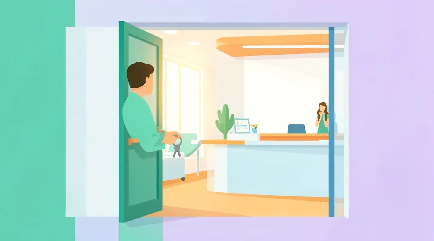 Medico che apre un nuovo ambulatorio medico, con chiavi e studio appena allestito