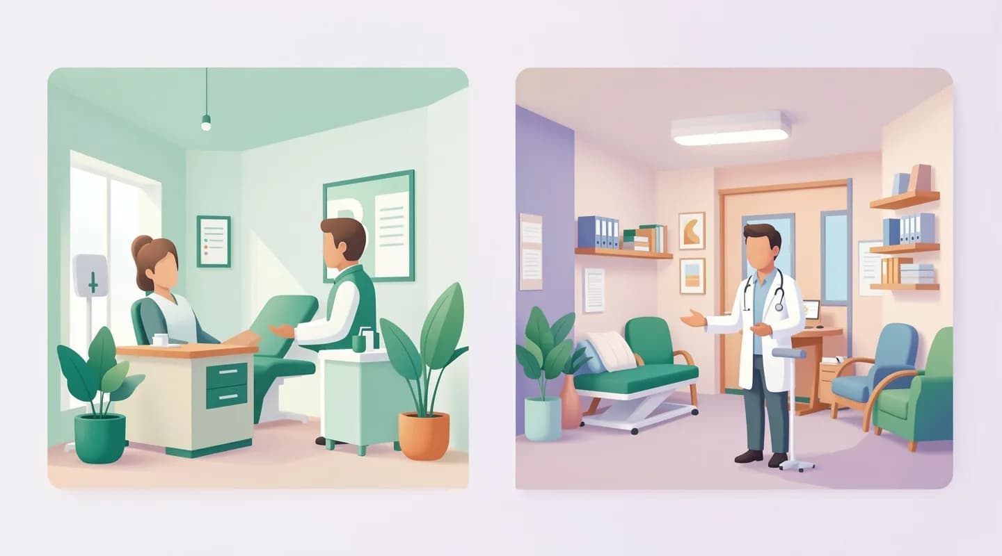 Medico che apre un nuovo ambulatorio medico con la reception appena allestita e luminosa