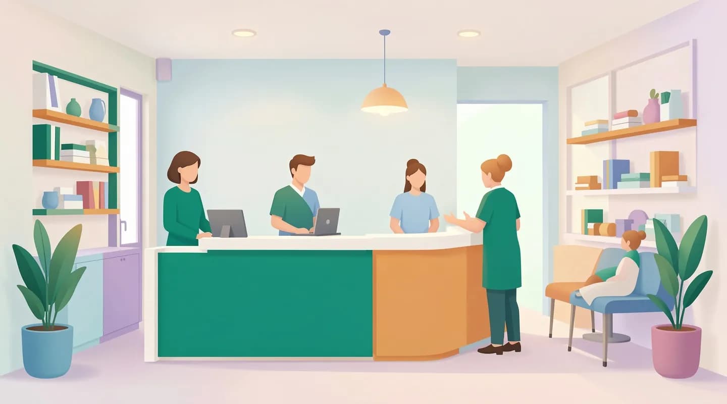 Reception di un ambulatorio medico appena aperto, organizzata e pronta ad accogliere i pazienti