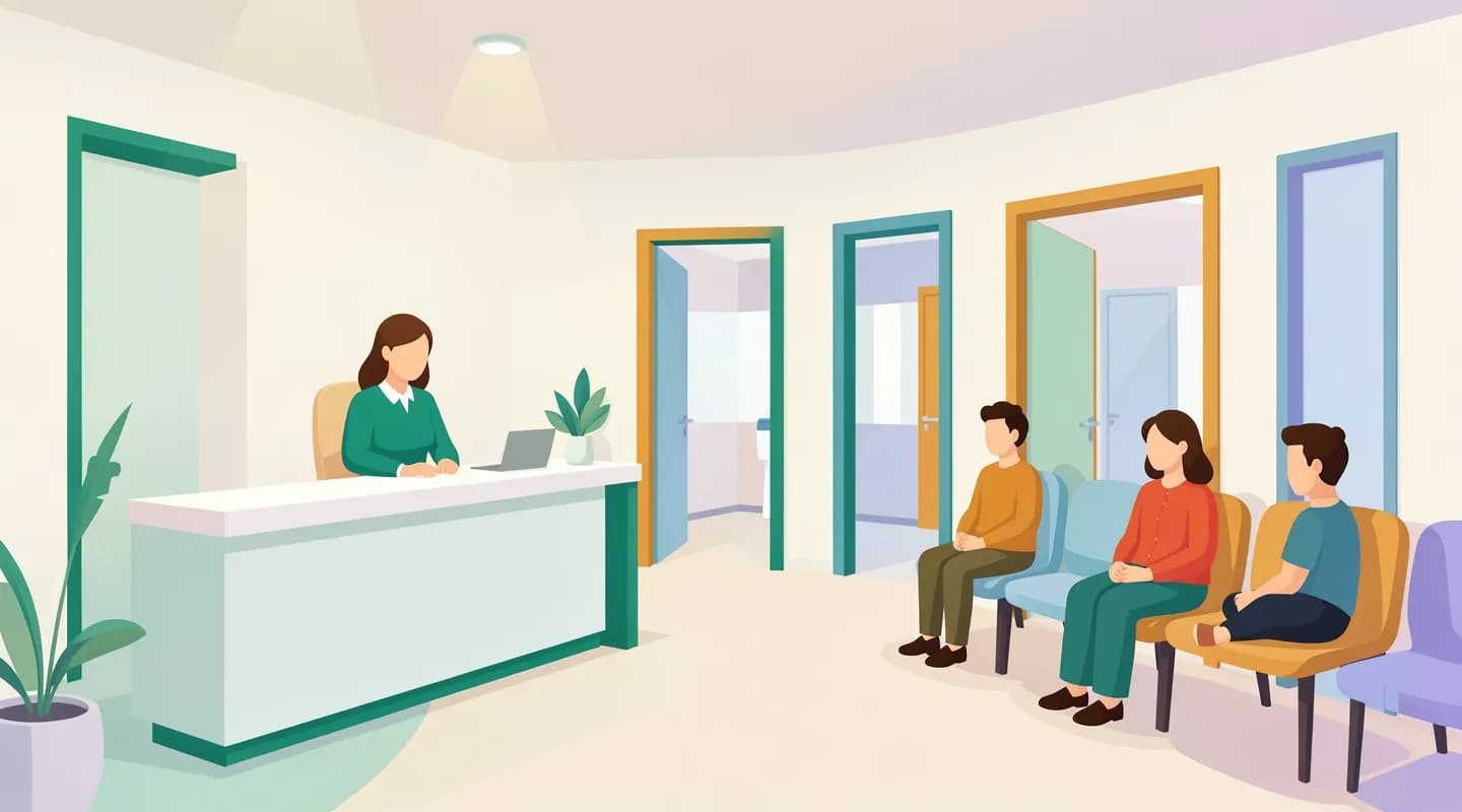 Reception di un nuovo poliambulatorio medico privato con personale e pazienti in sala d'attesa