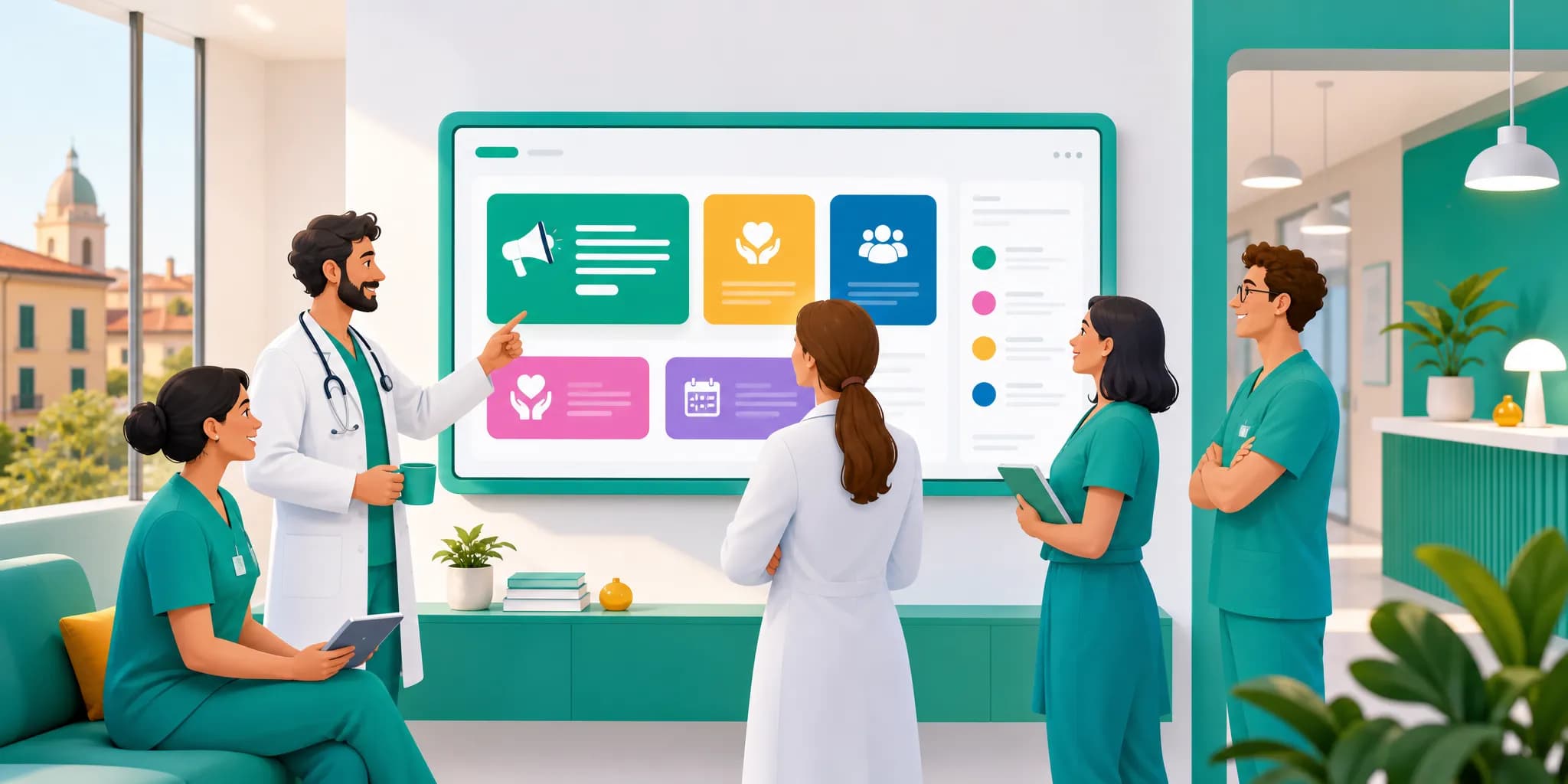 Team di uno studio medico che condivide avvisi e comunicazioni interne davanti a una bacheca digitale