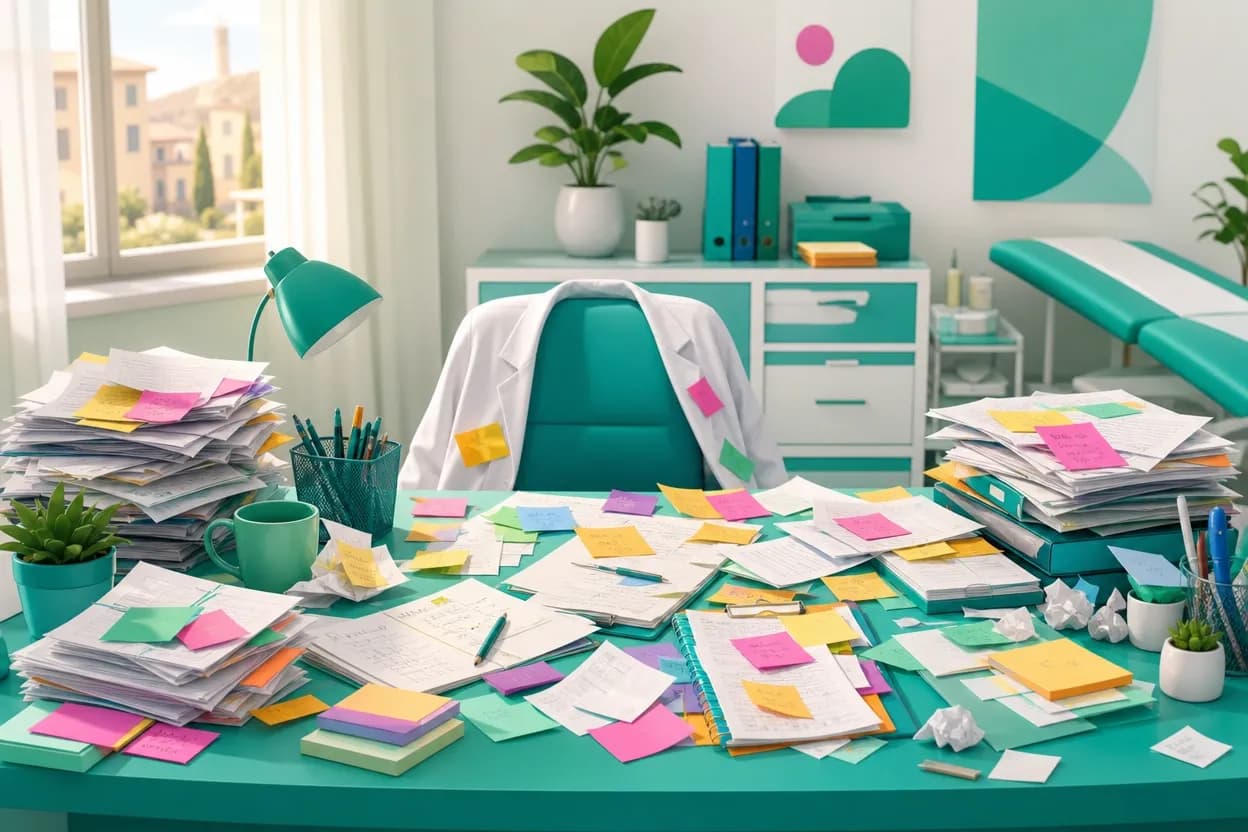 Scrivania di uno studio medico ingombra di post-it e fogli con avvisi sparsi e disorganizzati