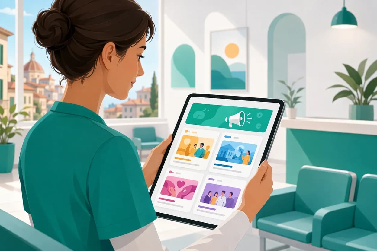 Bacheca digitale su tablet con gli avvisi dello studio medico letti da un membro dello staff