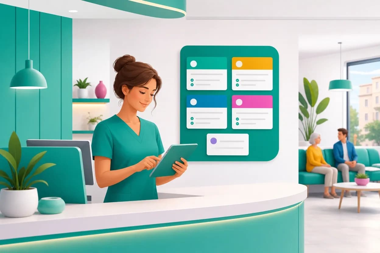 Membro dello staff che consulta la bacheca digitale dei memo dello studio medico da tablet