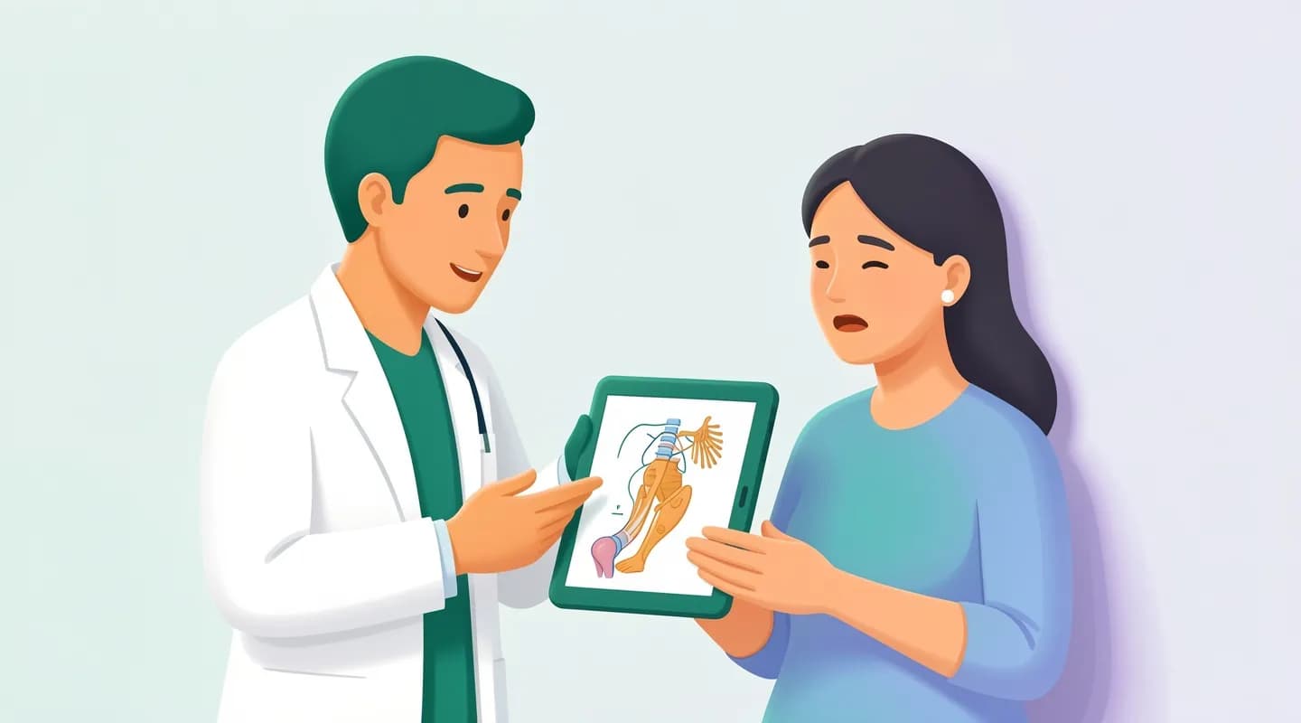 Medico che spiega con chiarezza una terapia a un paziente rassicurato usando un tablet