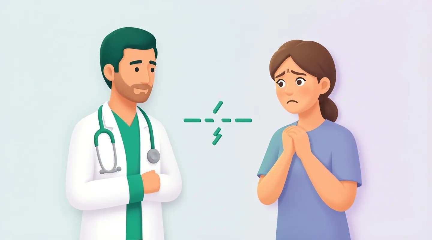 Medico e paziente confuso con una linea interrotta tra loro, simbolo di errori di comunicazione
