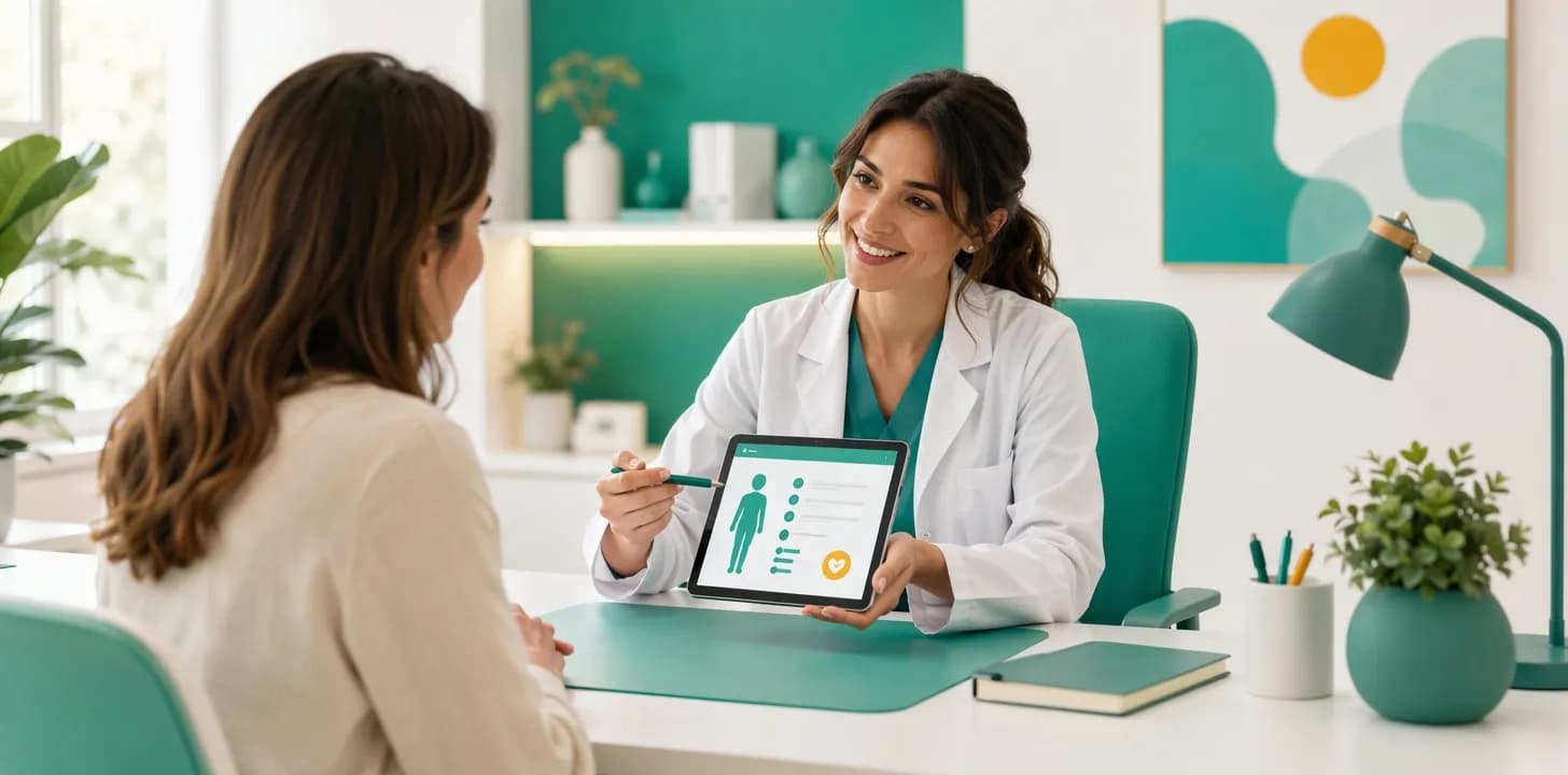 Medico che spiega un trattamento al paziente e raccoglie il consenso informato nello studio