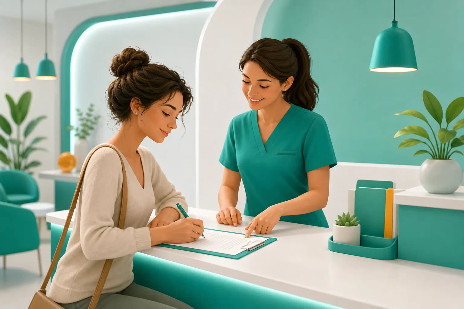 Paziente che legge e firma il modulo di consenso informato alla reception dello studio medico