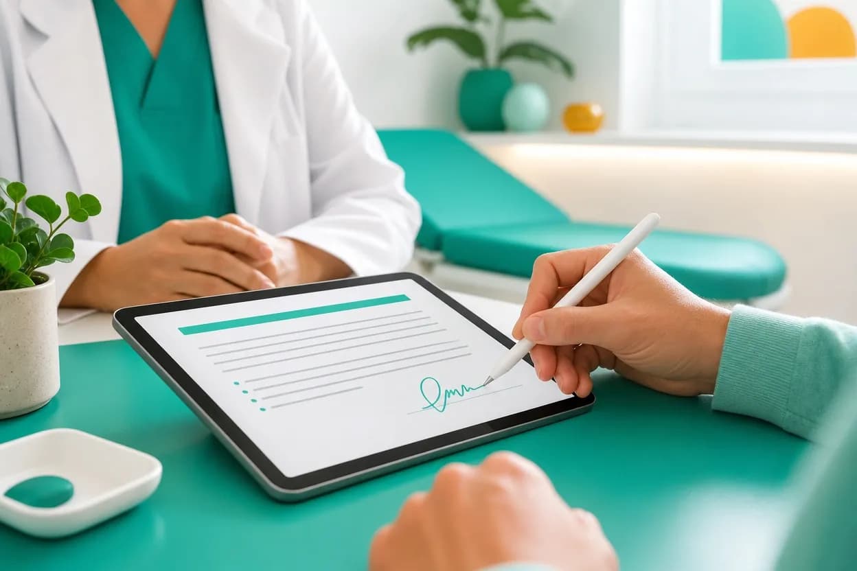 Paziente che firma il consenso informato in formato digitale su un tablet nello studio medico