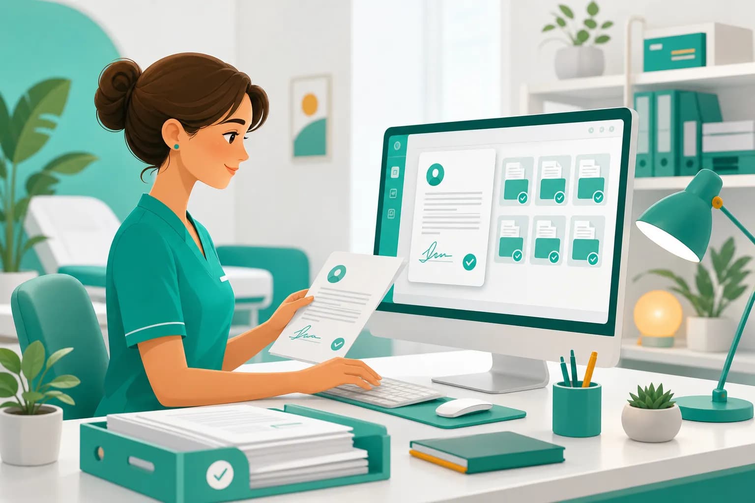 Segretaria che archivia in formato digitale i moduli di consenso informato firmati dai pazienti