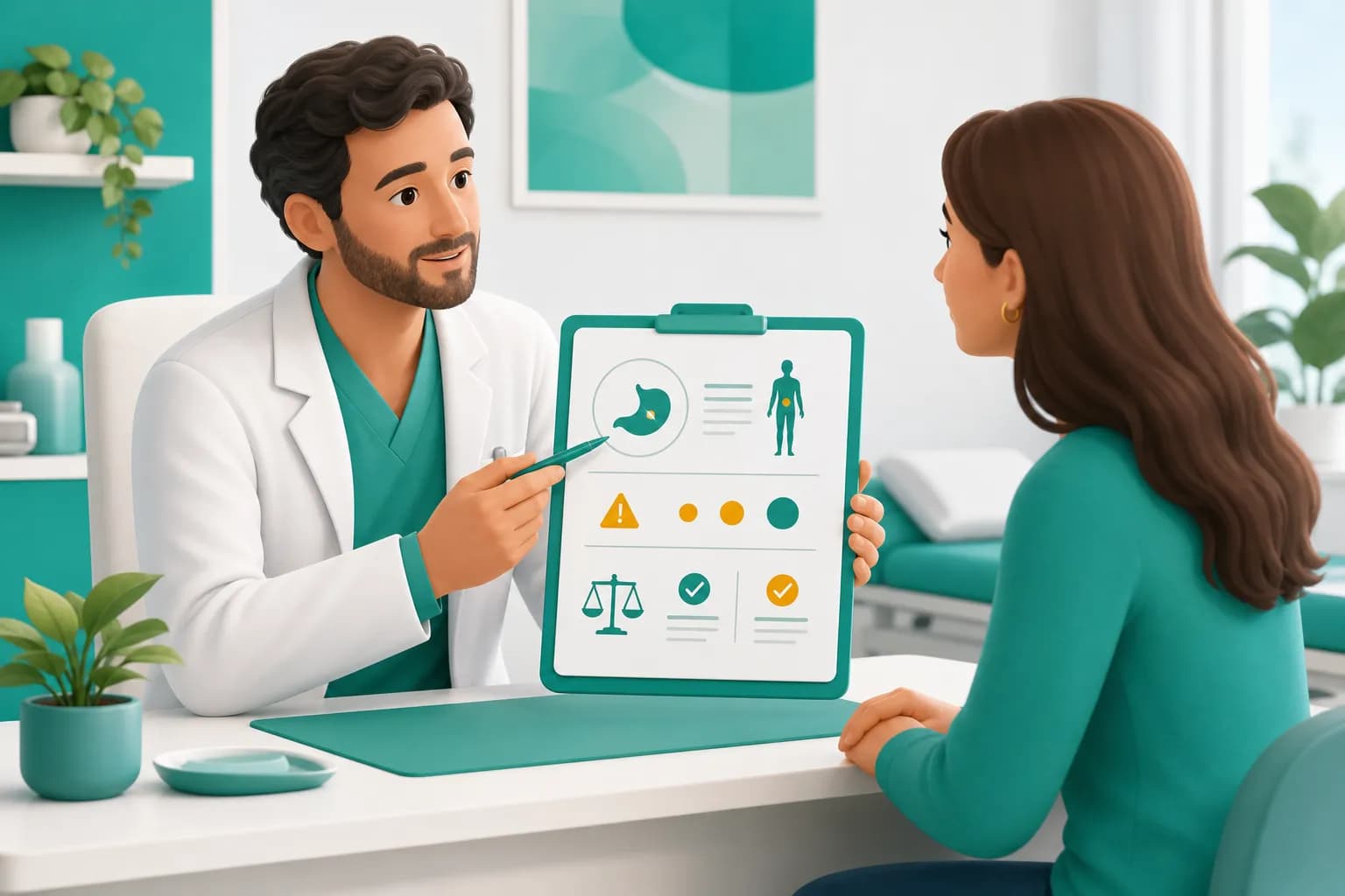Medico che spiega in modo chiaro diagnosi, rischi e alternative al paziente prima del consenso