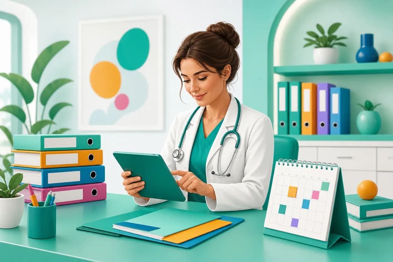 Medico che verifica le scadenze di conservazione dei documenti sanitari su un tablet nello studio