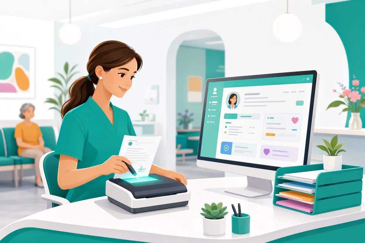 Segretaria che archivia in formato digitale i documenti sanitari firmati collegandoli alla scheda del paziente