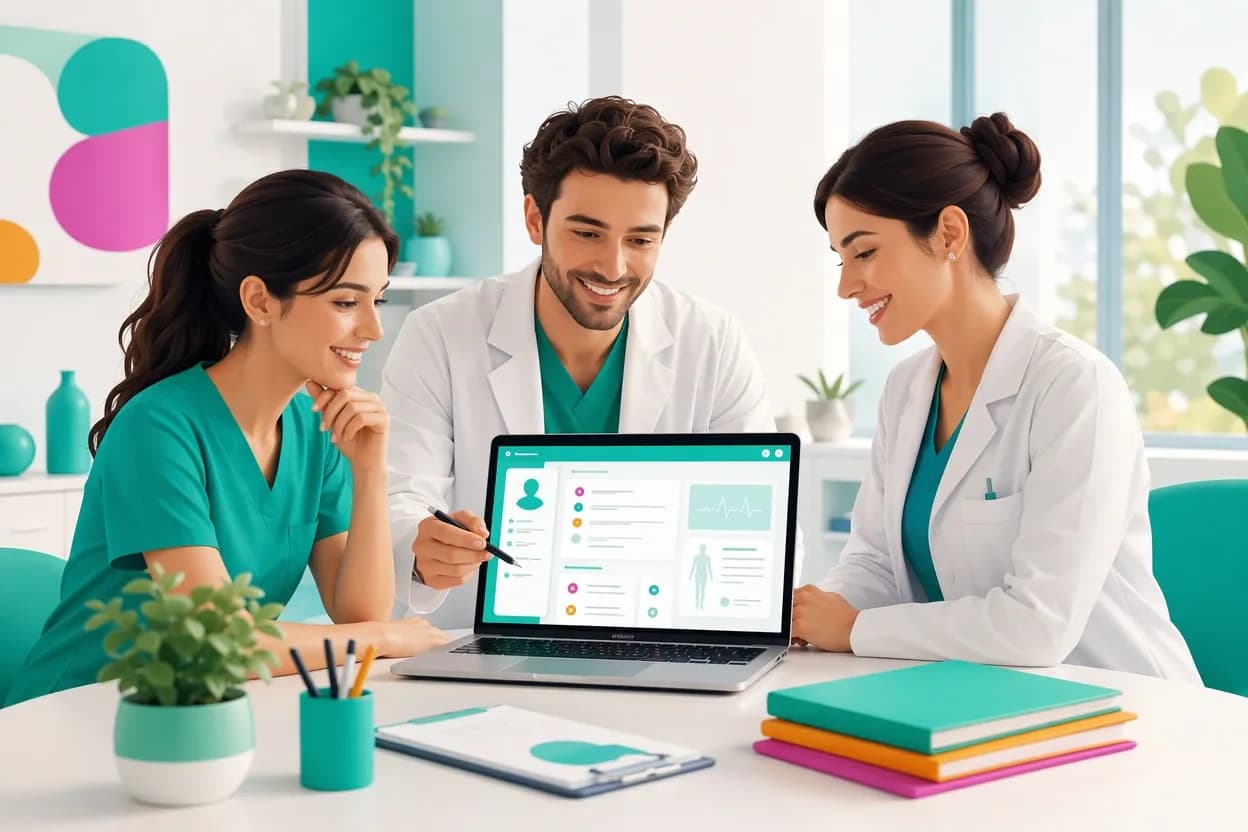 Team dello studio medico che consulta lo storico dei pazienti su un gestionale digitale ordinato