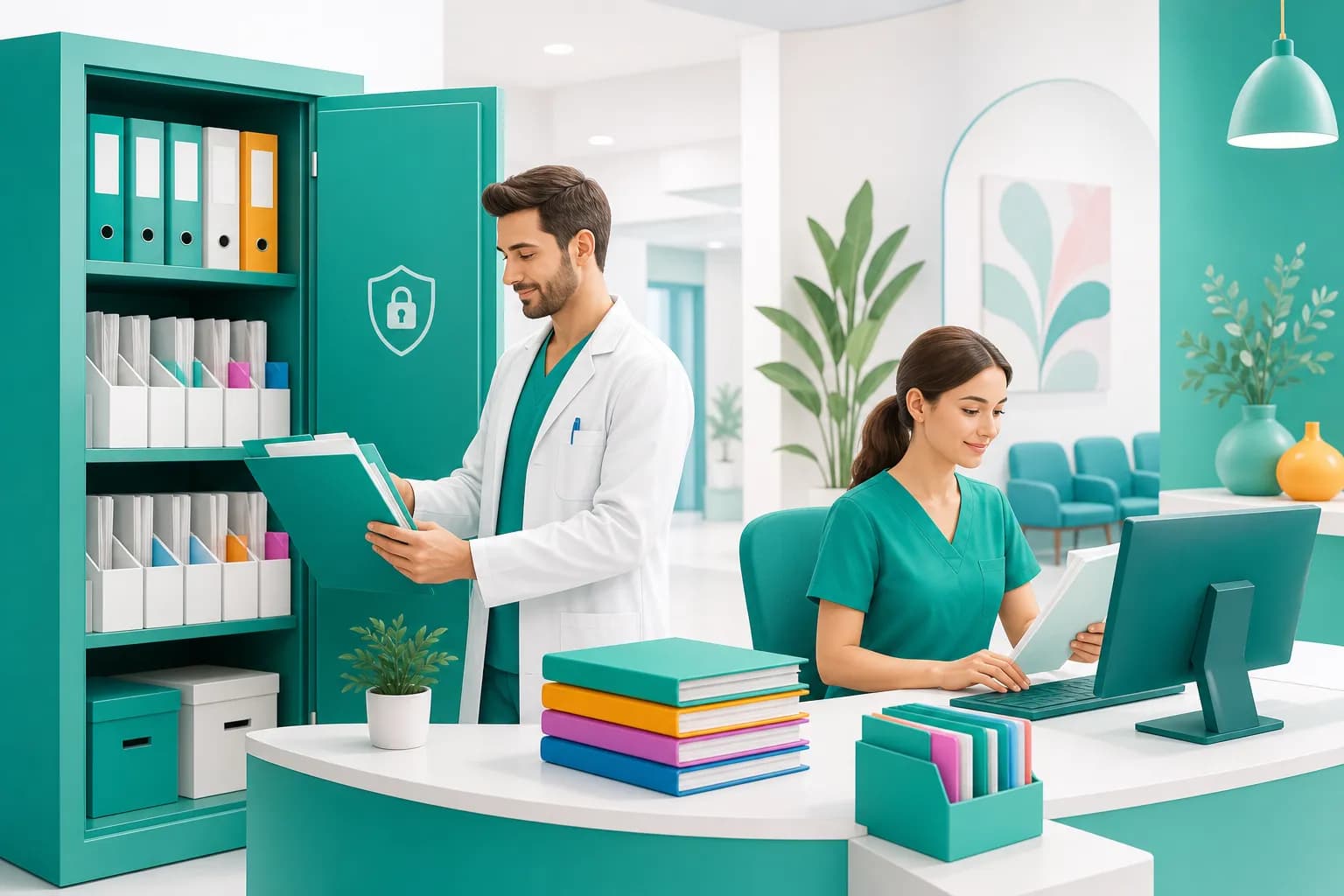 Medico e segretaria che organizzano la conservazione dei documenti sanitari nello studio a norma di legge