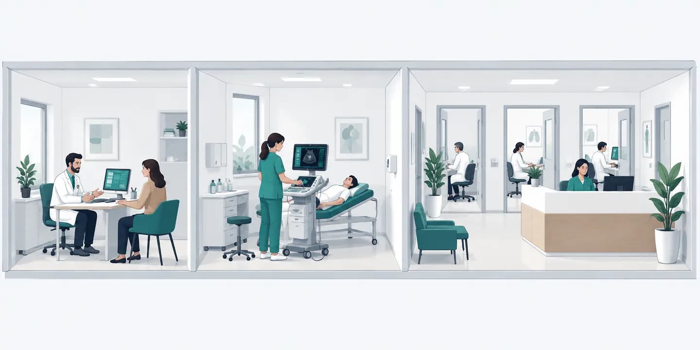 Studio medico, ambulatorio con ecografo e poliambulatorio con reception comune, affiancati in sezione