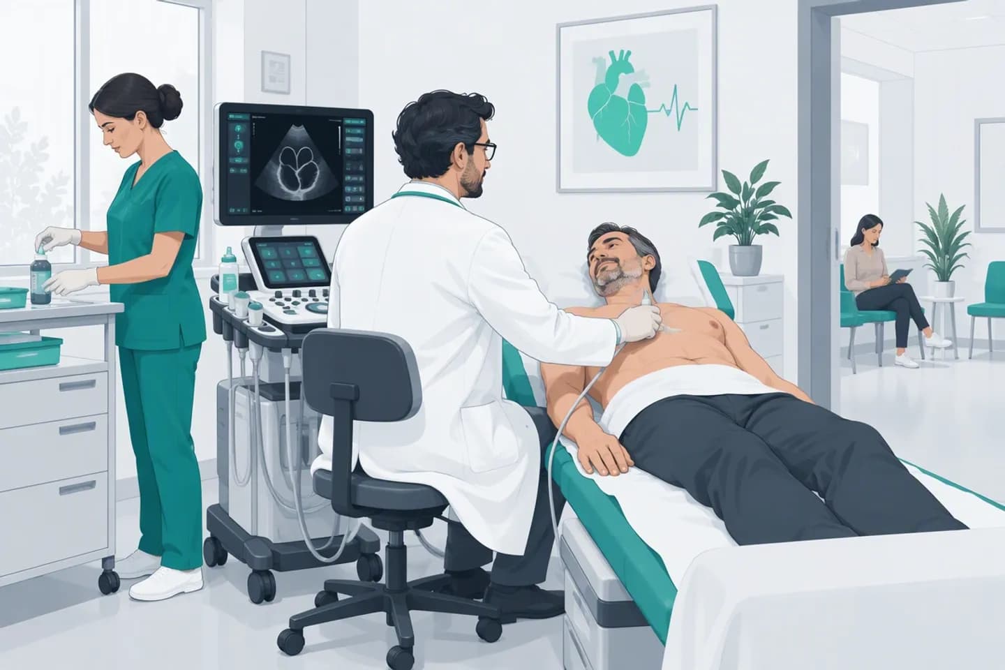 Un cardiologo esegue un'ecografia a un paziente mentre un'infermiera prepara il materiale in un ambulatorio