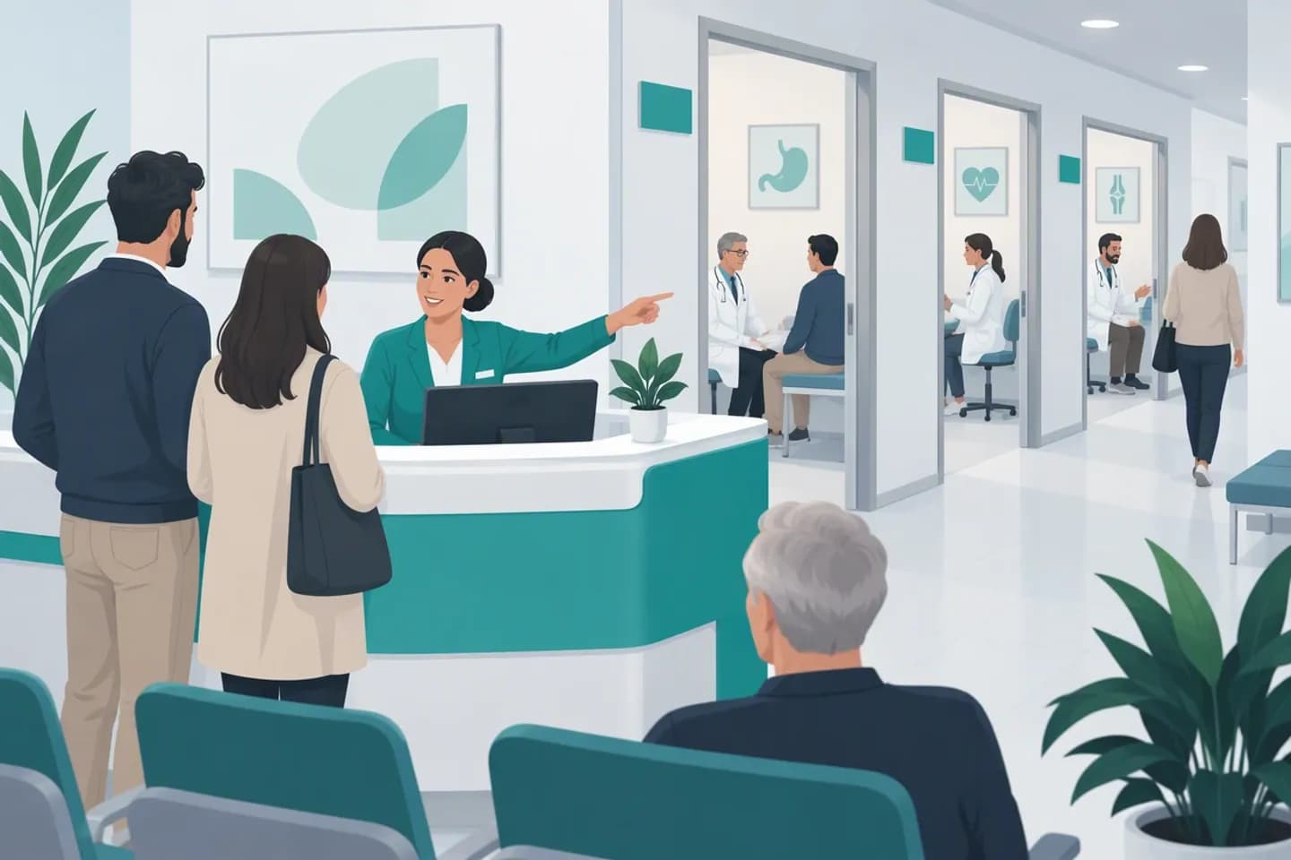 La receptionist di un poliambulatorio indica ai pazienti il corridoio con gli ambulatori di diverse specialità