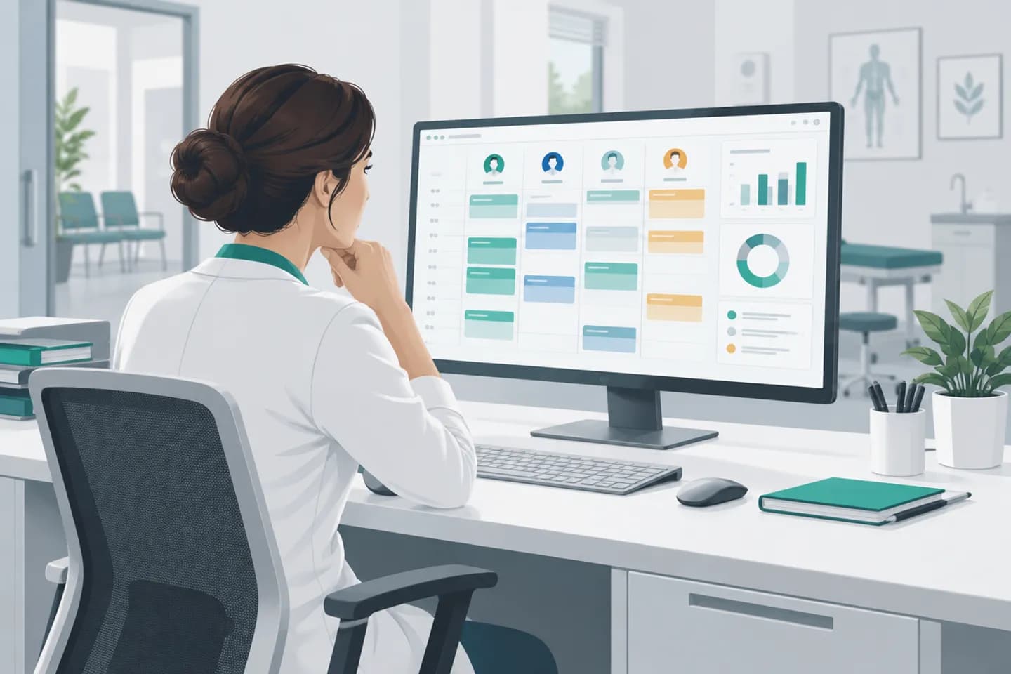 La responsabile di un poliambulatorio controlla a monitor le agende affiancate dei professionisti e alcuni grafici