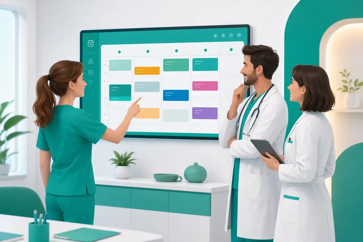 Team di uno studio medico con più professionisti che consultano la stessa agenda condivisa