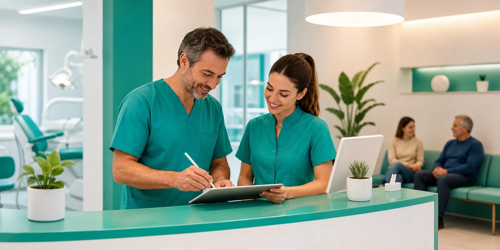 Assistente di uno studio dentistico che prepara una fattura elettronica alla reception