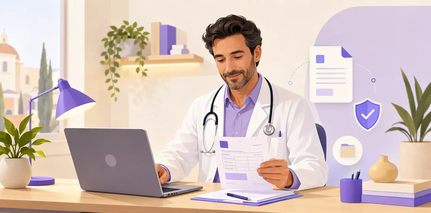 Medico che gestisce la fatturazione delle prestazioni sanitarie alla scrivania con laptop e fattura cartacea