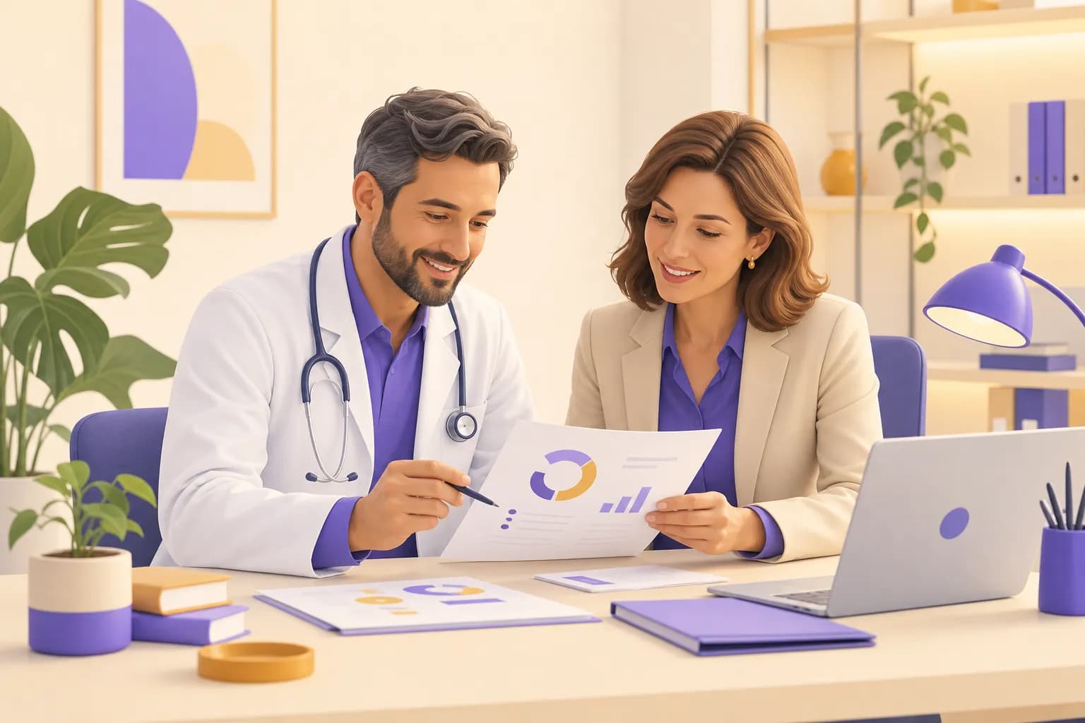 Medico e commercialista che esaminano insieme la corretta fatturazione delle prestazioni sanitarie