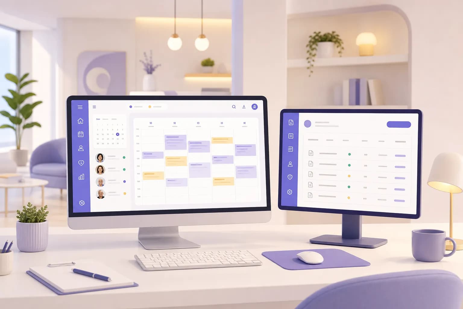 Scrivania di uno studio medico con il gestionale per l'agenda accanto al software di fatturazione
