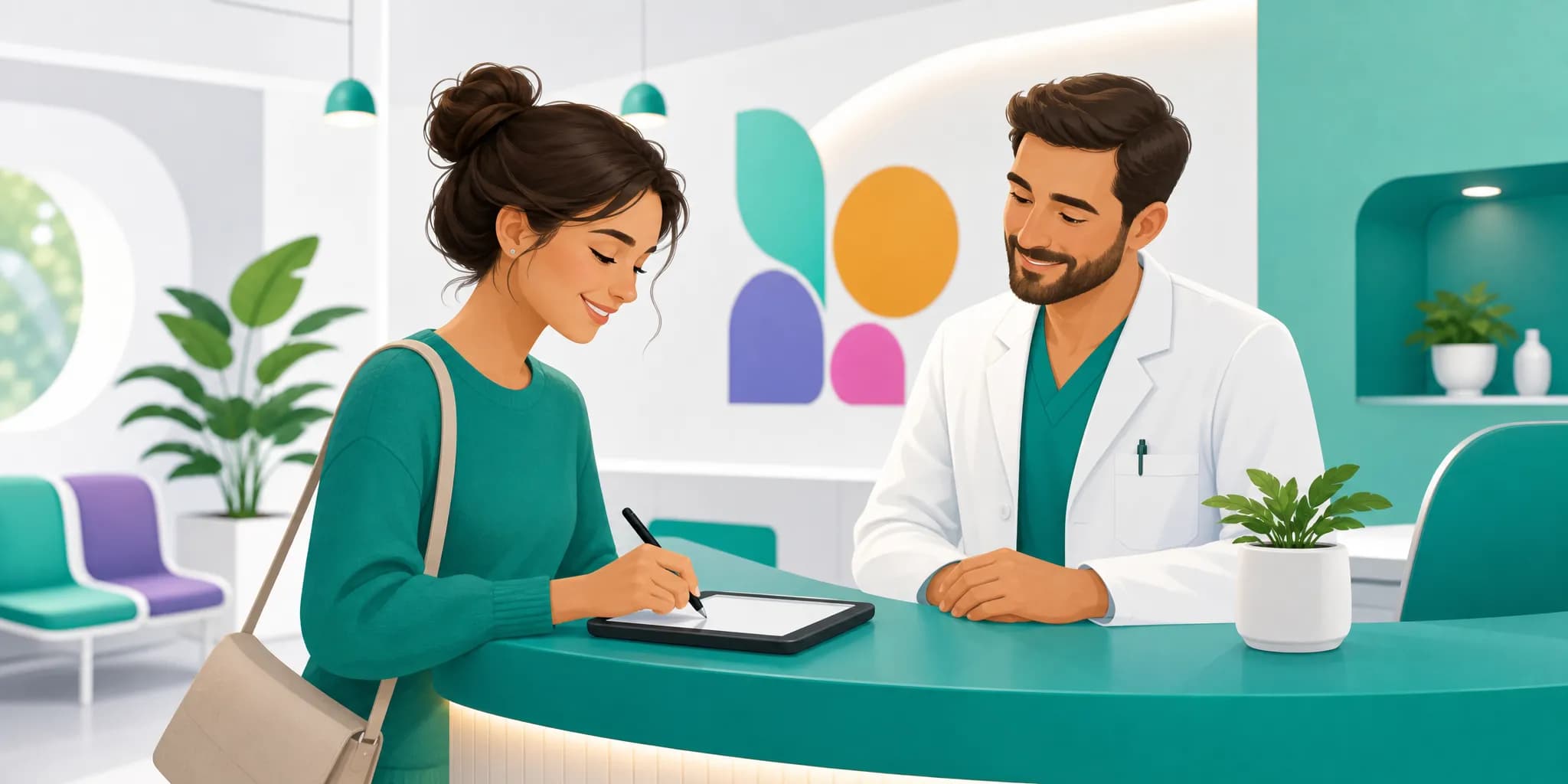 Paziente che firma il consenso informato su tavoletta grafometrica alla reception di uno studio medico