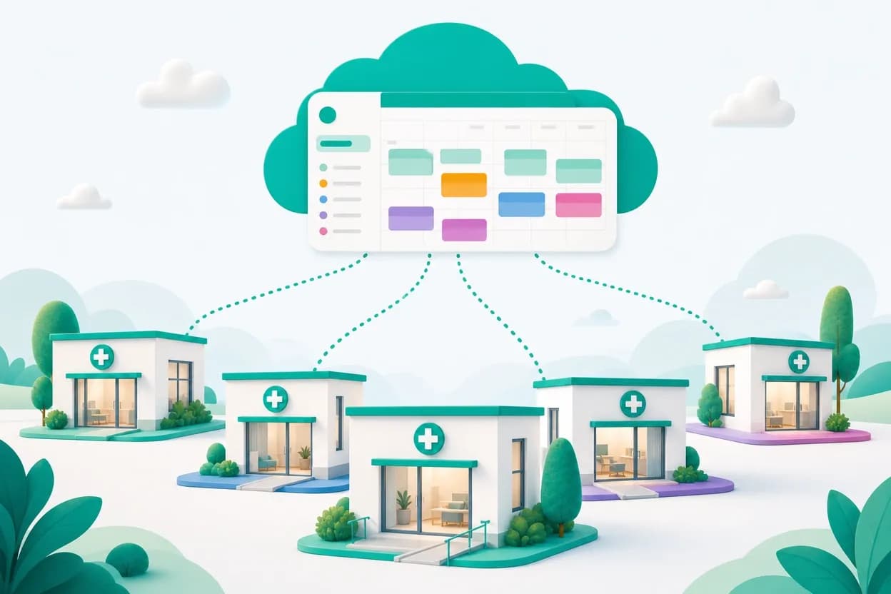 Schema di più sedi di un centro medico collegate a un unico gestionale in cloud