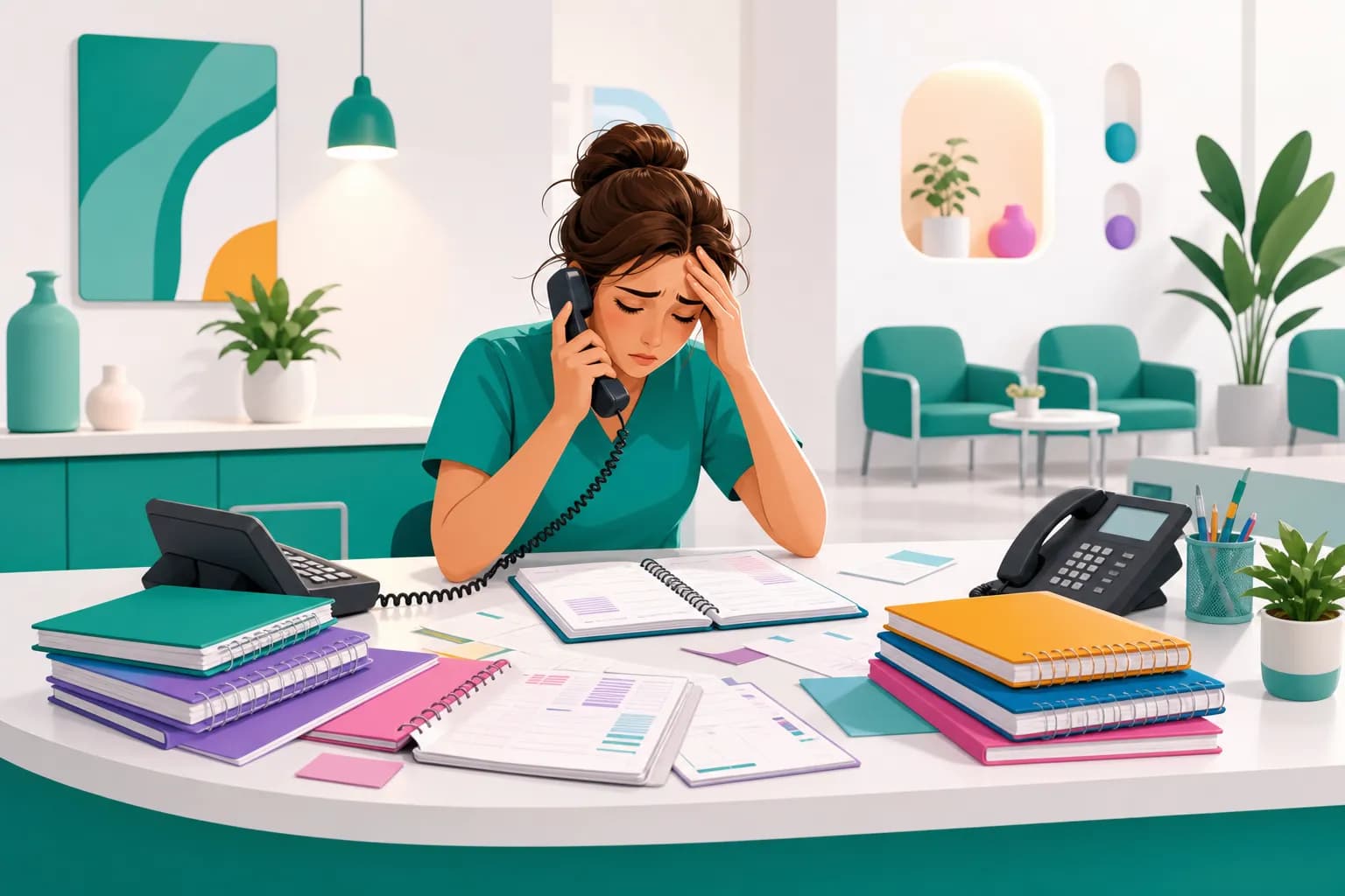 Segretaria di un centro medico alle prese con più agende separate e telefonate tra sedi
