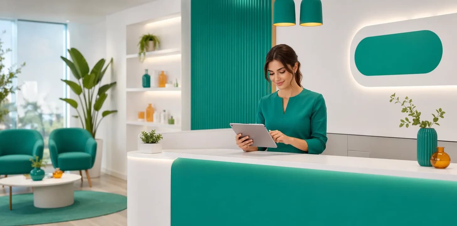 Reception di un centro estetico con operatrice che gestisce l'agenda appuntamenti su tablet