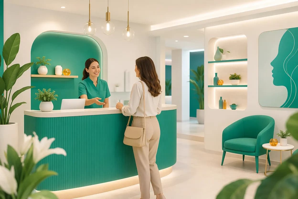 Cliente accolta alla reception di uno studio di medicina estetica moderno e ordinato