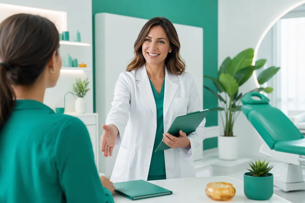 Medico estetico che riceve una paziente in uno studio di medicina estetica moderno