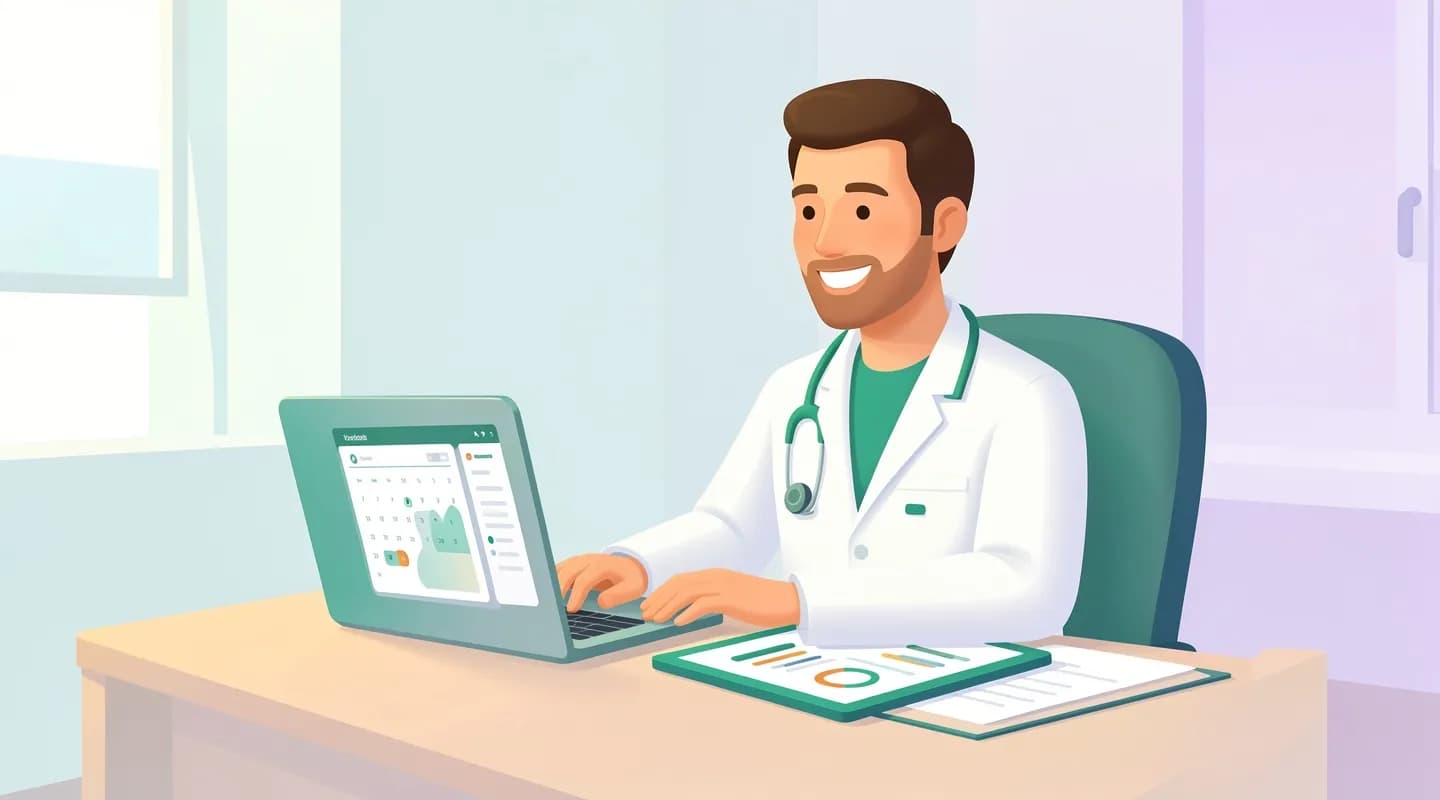 Medico che usa un gestionale digitale su laptop e tablet nel suo studio