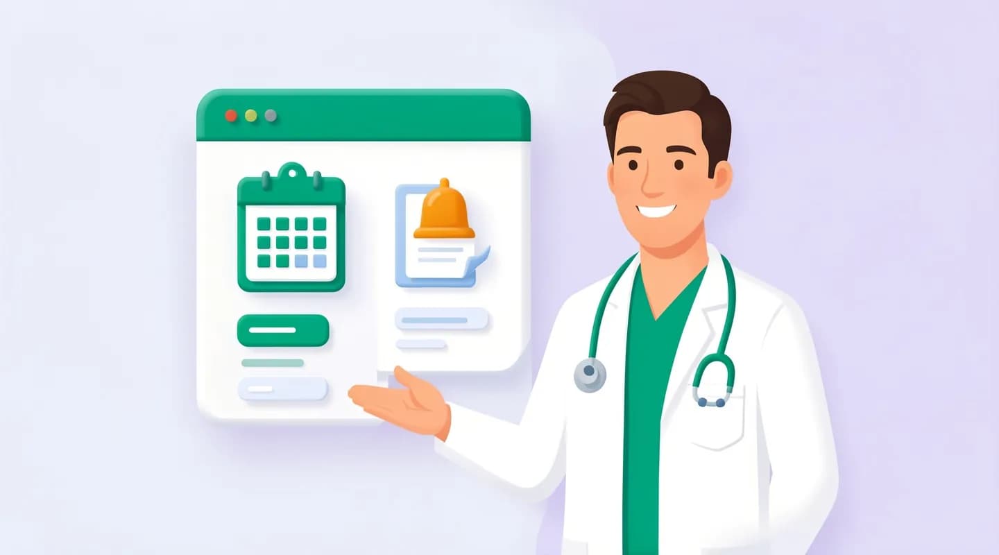 Medico accanto a una dashboard di un software gestionale per medici con icone di agenda e promemoria