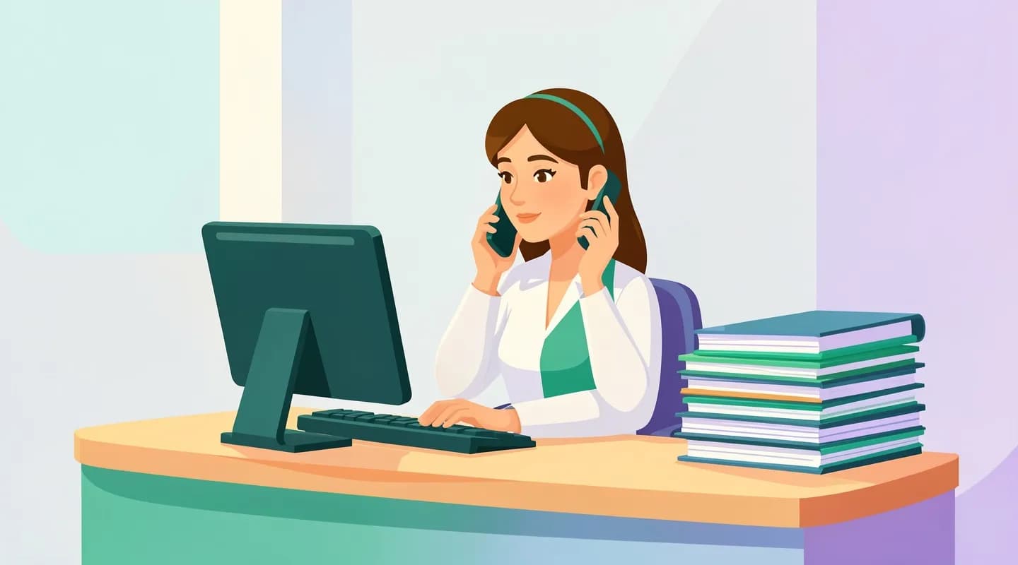 Segretaria medica al telefono in reception mentre gestisce le prenotazioni su carta