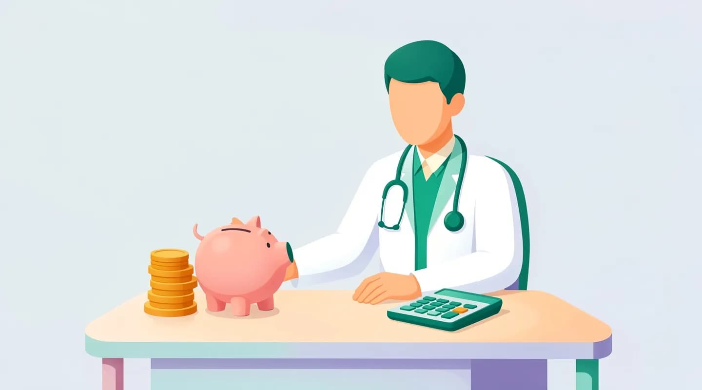 Medico che valuta il costo di un gestionale con salvadanaio e calcolatrice sulla scrivania