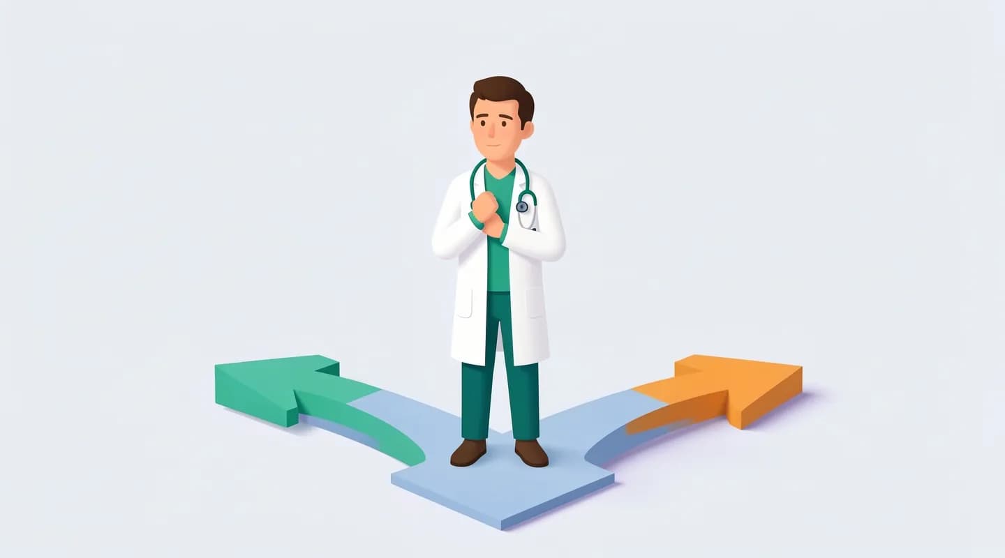 Medico a un bivio mentre sceglie tra diverse opzioni di software gestionale