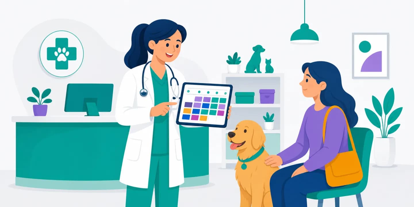 Veterinaria alla reception di una clinica veterinaria che consulta l'agenda digitale su tablet